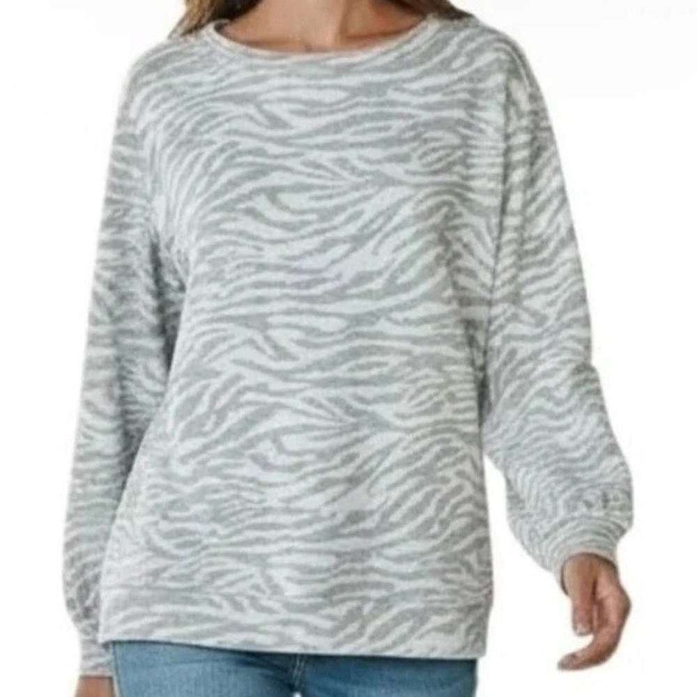 Ellen Tracy Sweatshirt Womens XL Silver Zebra Jacquard Long Sleeve Crew Neck Top